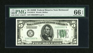 image for: Fr. 1952-E $5 1928B DGS Federal Reserve Note. PMG Gem Uncirculated 66 EPQ....