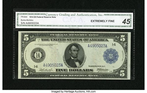 image for: Fr. 844 $5 1914 Federal Reserve Note CGA Extremely Fine 45....