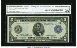 image for: Fr. 848 $5 1914 Federal Reserve Note CGA About Uncirculated 58....