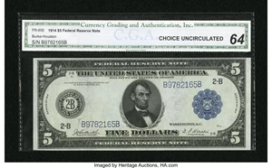 image for: Fr. 850 $5 1914 Federal Reserve Note CGA Choice Uncirculated 64....