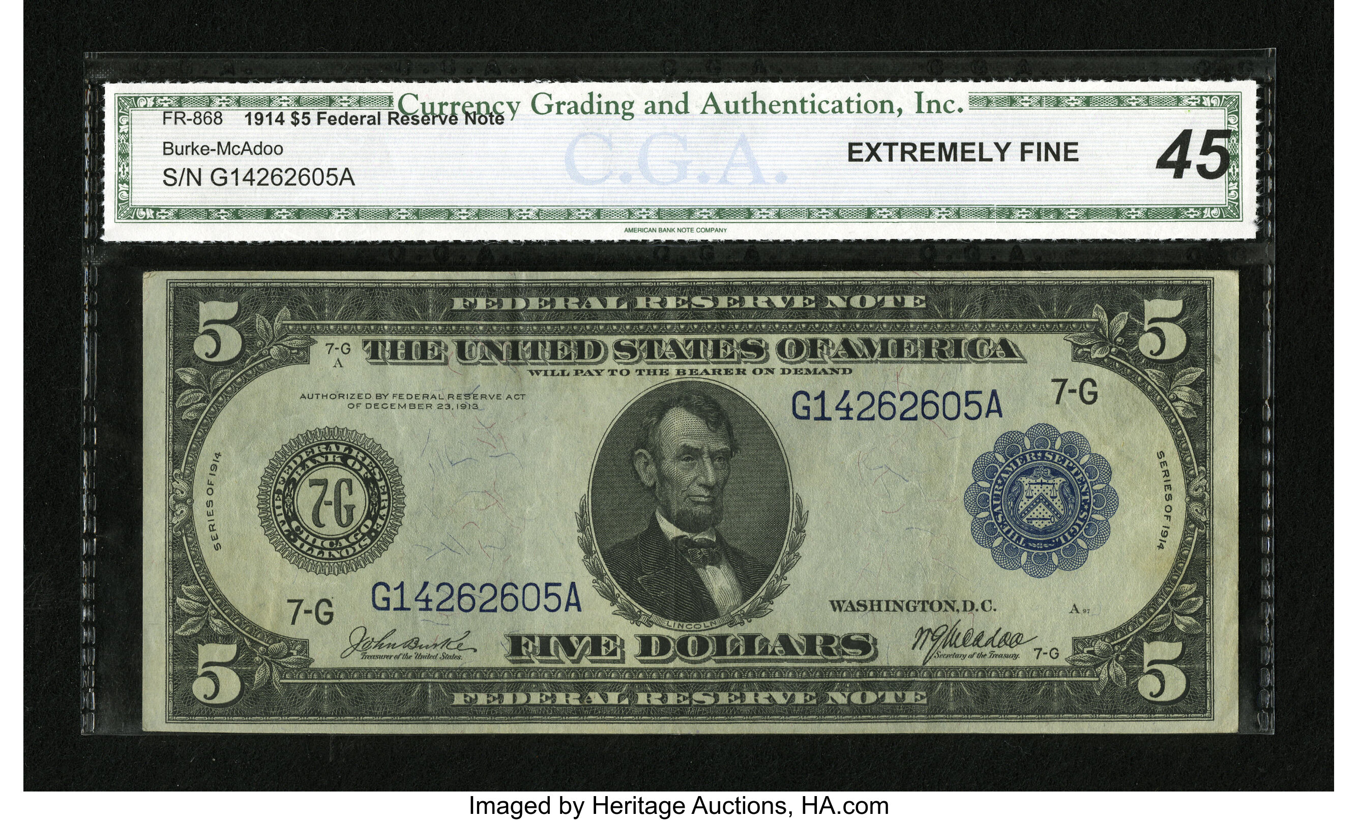 image for: Fr. 868 $5 1914 Federal Reserve Note CGA Extremely Fine 45....