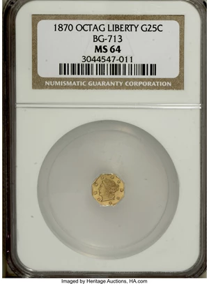 image for: 1870 25C Liberty Octagonal 25 Cents, BG-713, R.4, MS64 NGC. NGC Census: (1/4). PCGS Population (19/29). (#10540)...