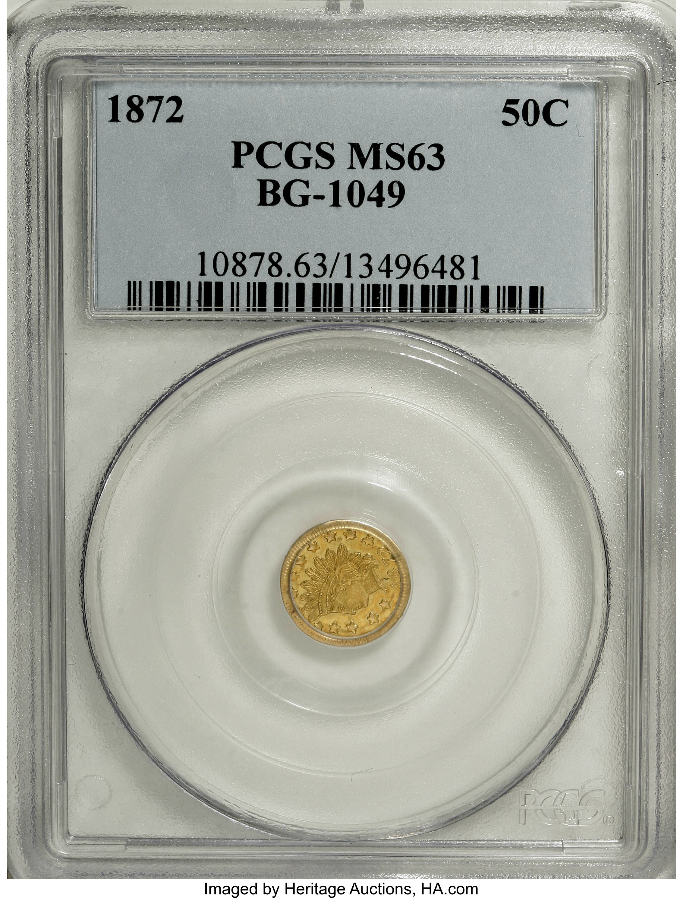 image for: 1872 50C Indian Round 50 Cents, BG-1049, R.4, MS63 PCGS. PCGS Population (30/24). NGC Census: (0/4).   (#10878)...