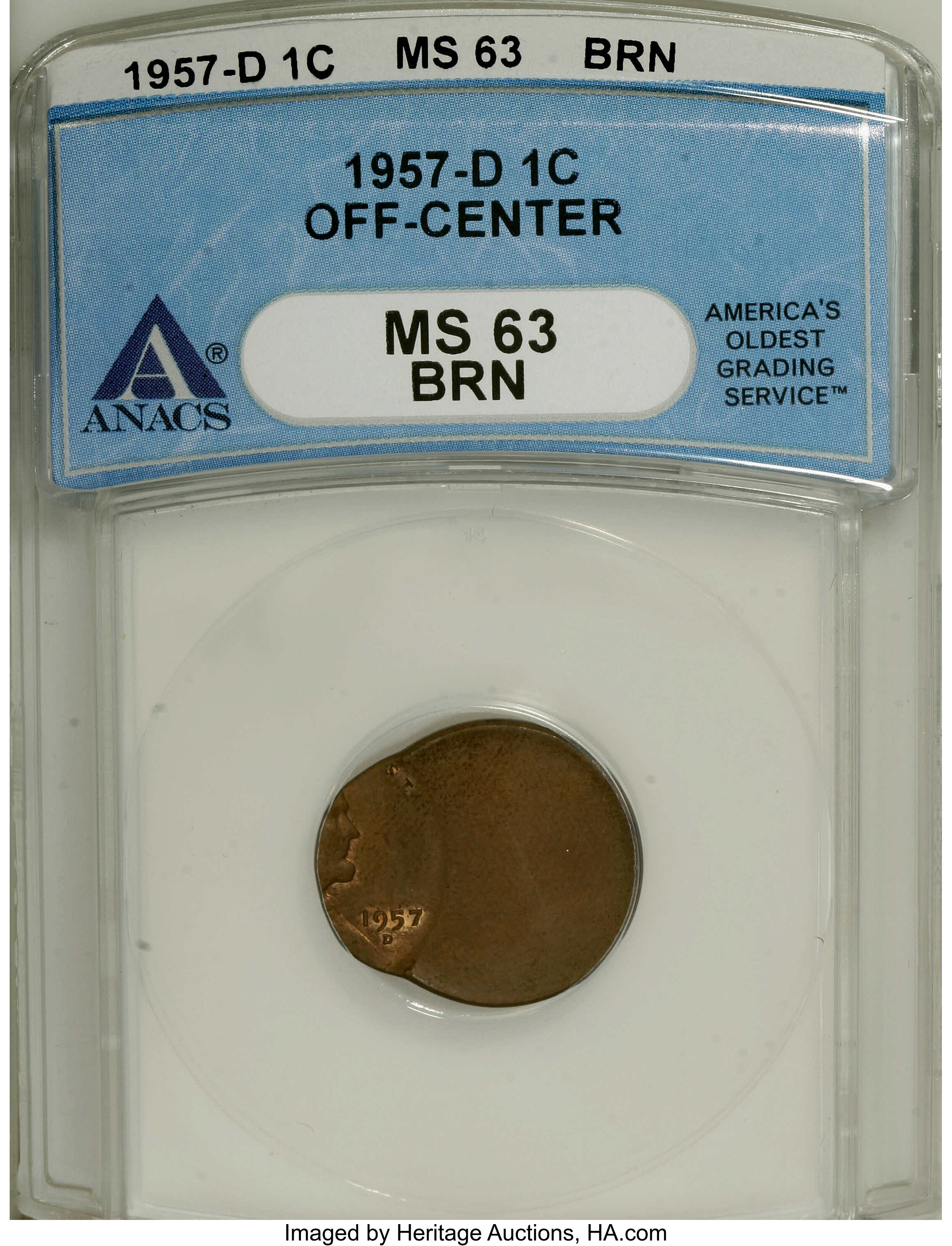 1957-D 1C Lincoln Cent--Off Center--MS63 Brown ANACS. ...