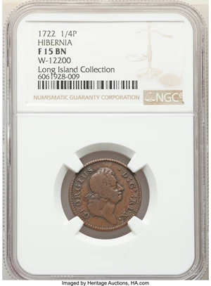 image for: 1722 Hibernia Farthing Fine 15 NGC. M. 1.1-A.1, W-12200, R.5....