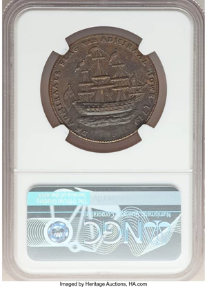 image for: 1778-1779 Rhode Island Ship Token, No Wreath, Brass, AU58 NGC. Betts-562, W-1730, R.4....