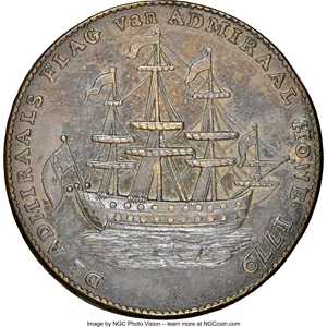 image for: 1778-1779 Rhode Island Ship Token, No Wreath, Brass, AU58 NGC. Betts-562, W-1730, R.4....