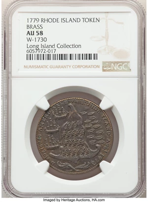 image for: 1778-1779 Rhode Island Ship Token, No Wreath, Brass, AU58 NGC. Betts-562, W-1730, R.4....