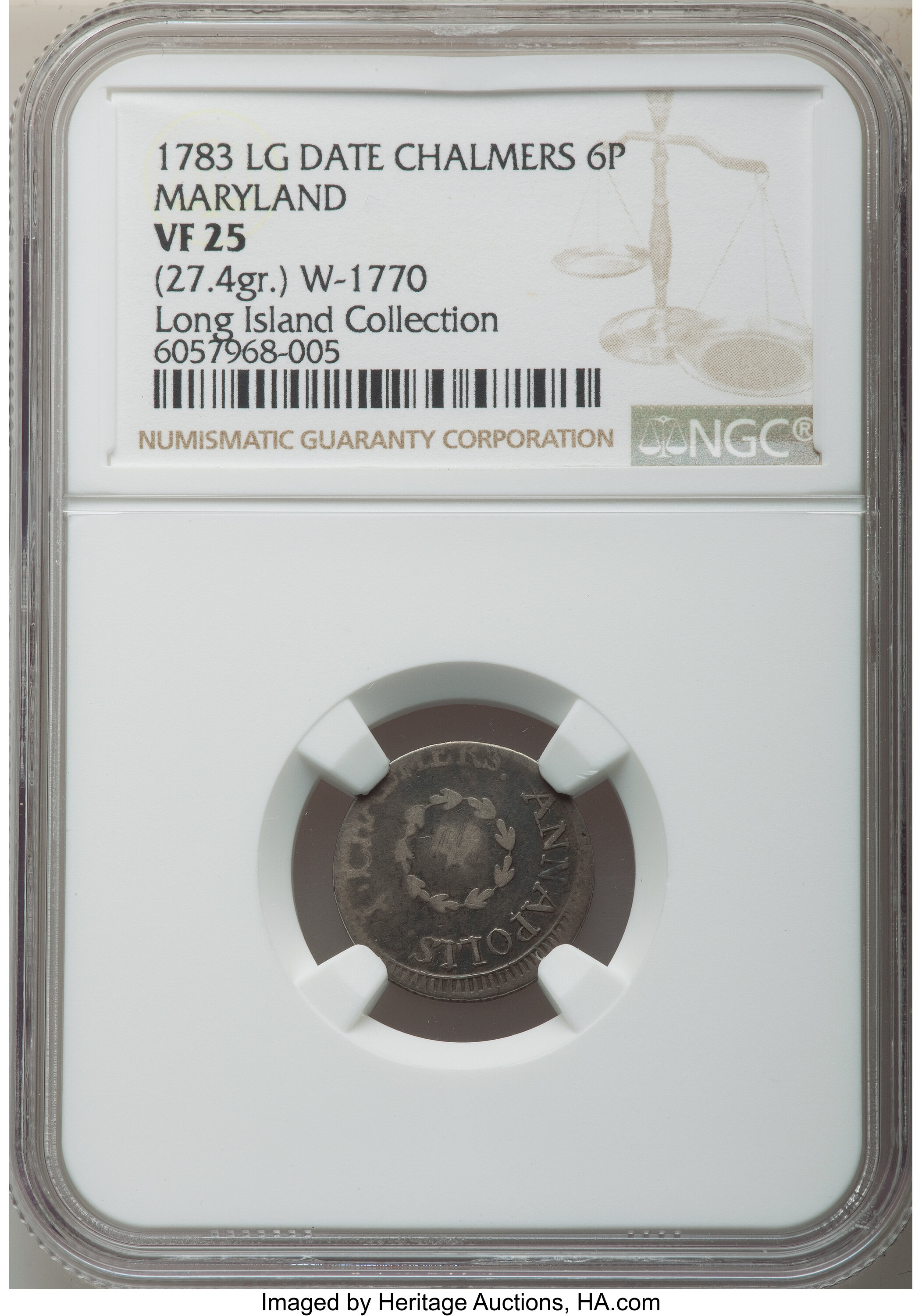 image for: 1783 Chalmers Sixpence, Large Date VF25 NGC. Breen-1014, W-1770, R.6....