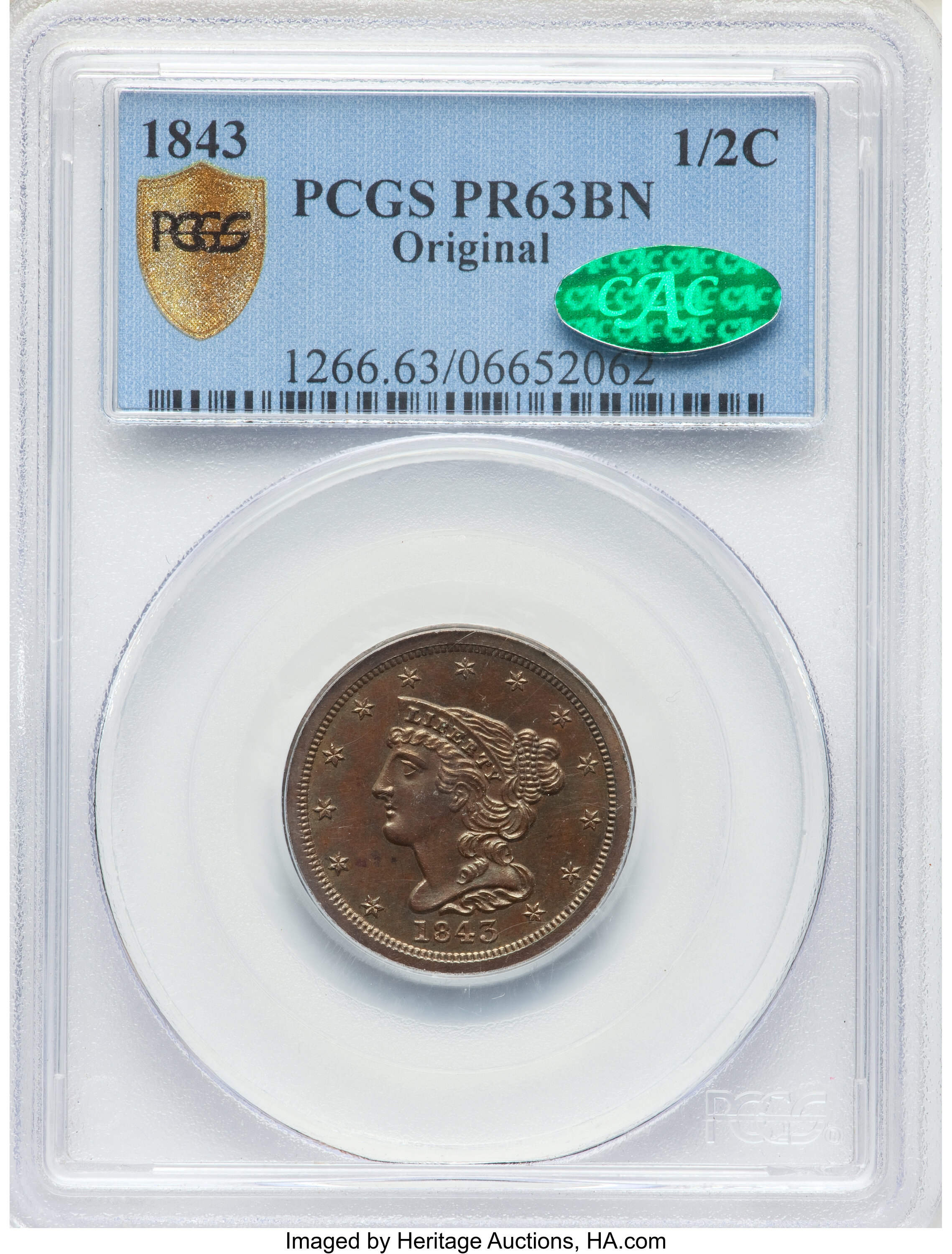 image for: 1843 1/2 C Original PR63 Brown PCGS. CAC. B-1a, High R.5....