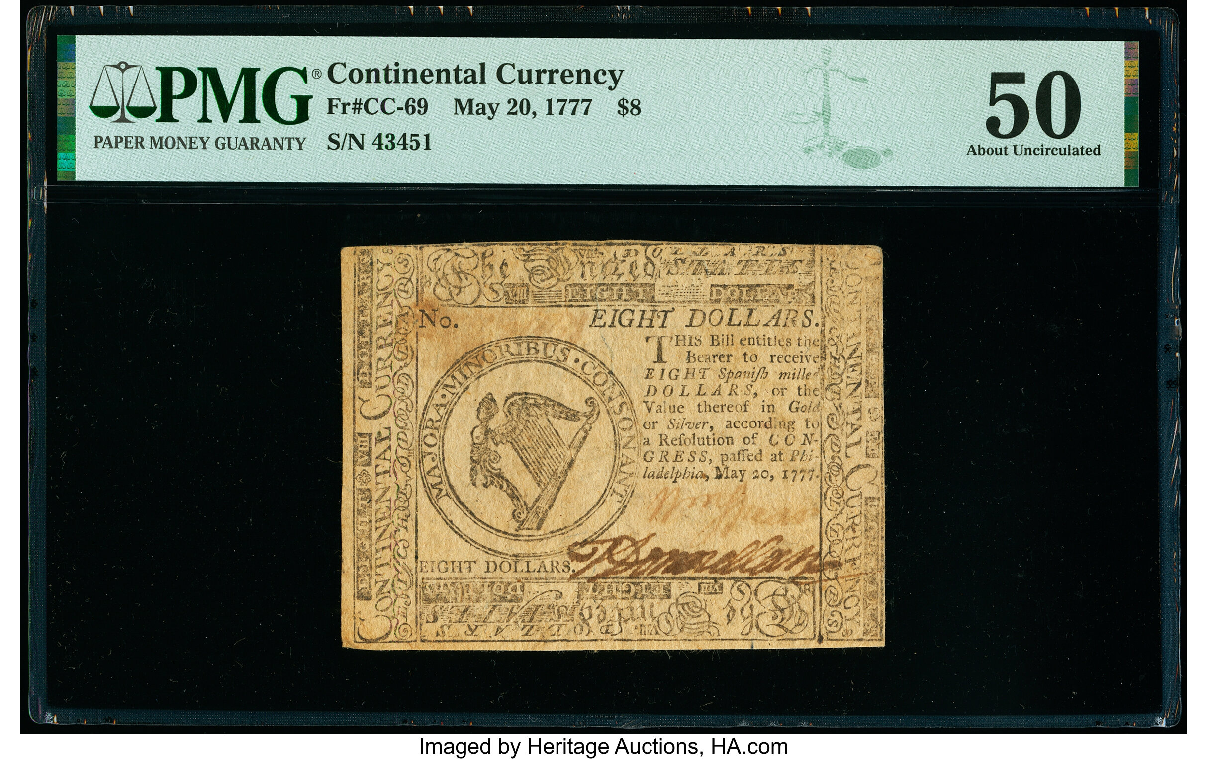 image for: Continental Currency May 20, 1777 $8 PMG About Uncirculated 50....