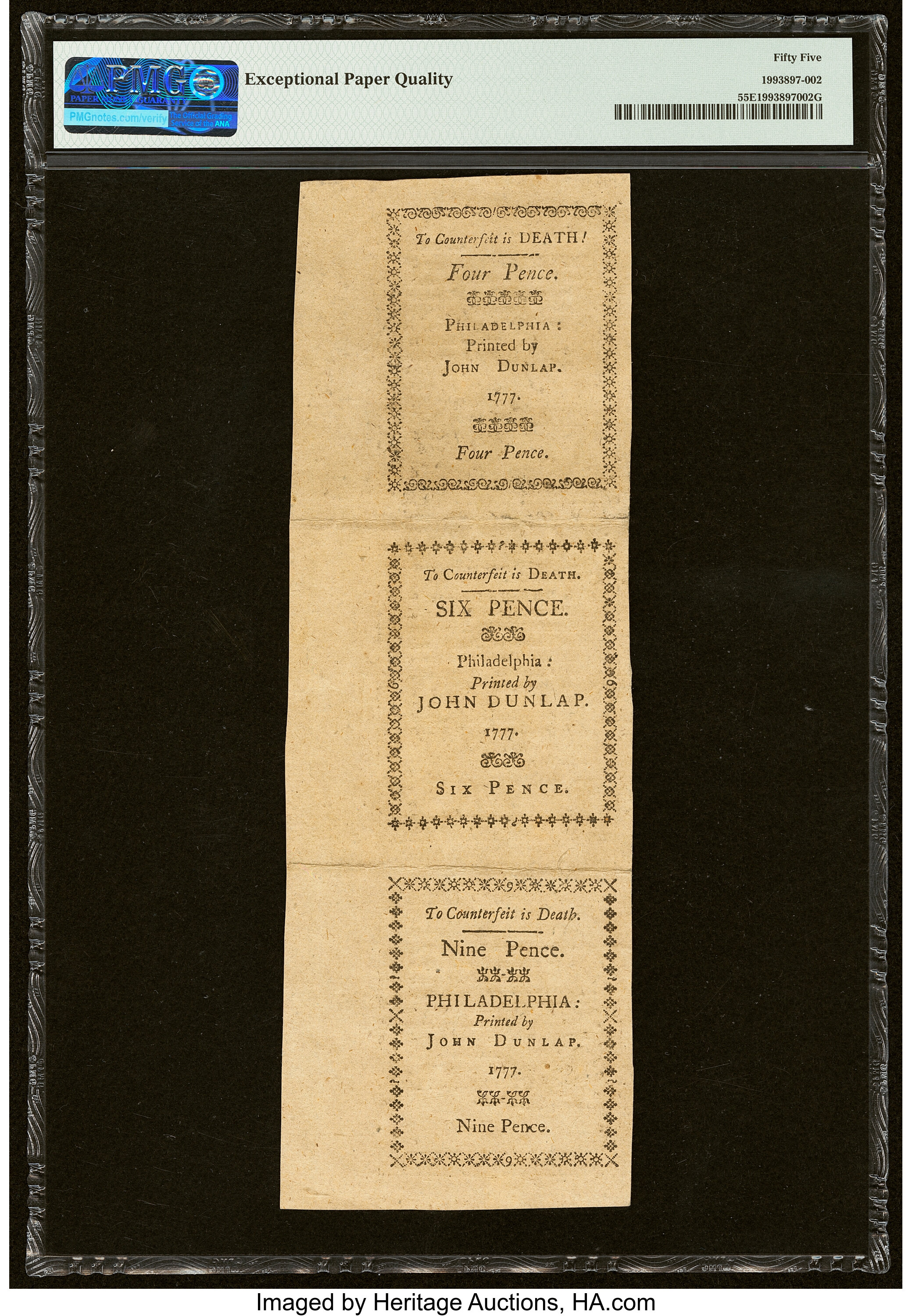 image for: Pennsylvania April 10, 1777 4d-6d-9d Uncut Strip of Three PMG About Uncirculated 55 EPQ....