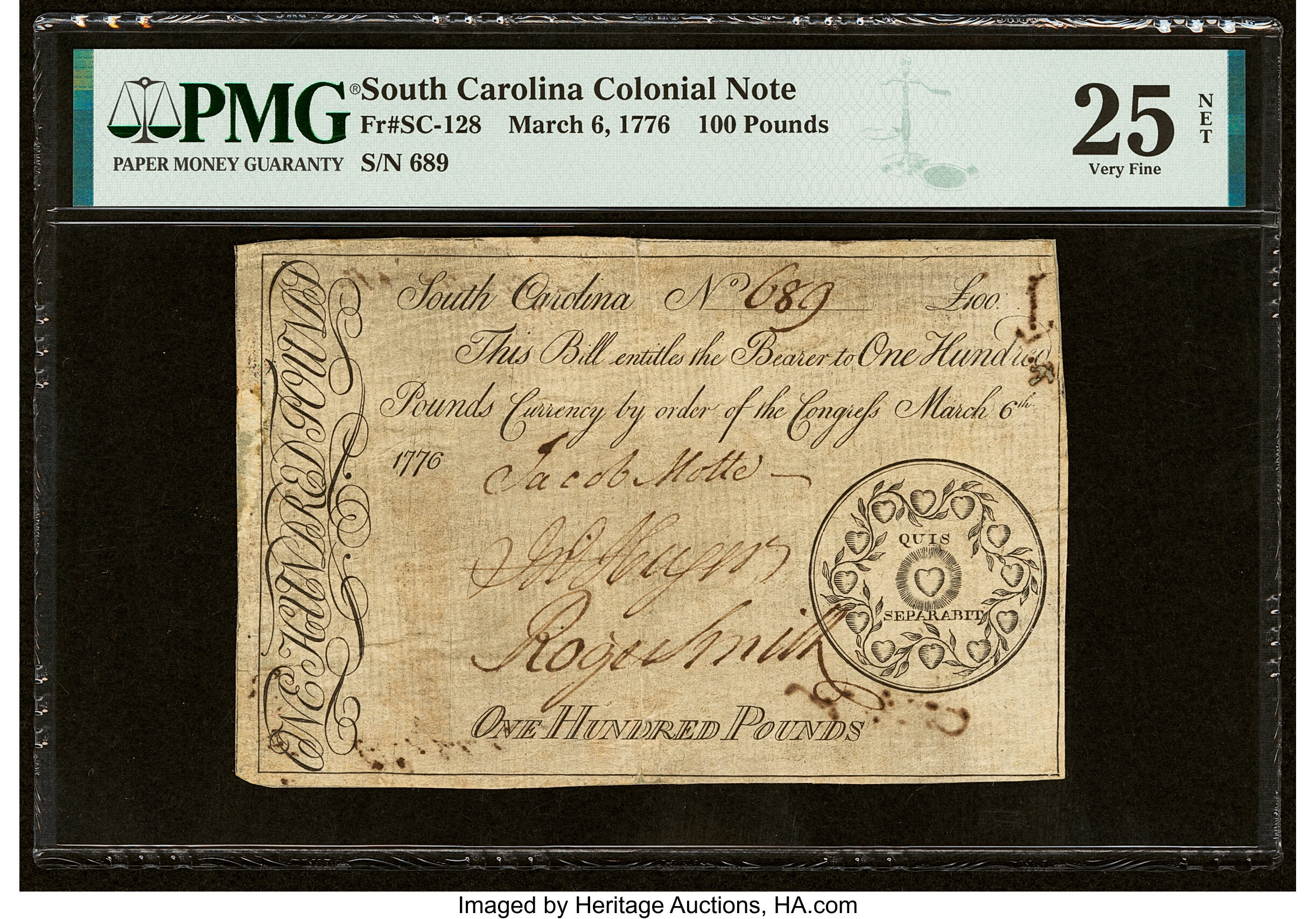 image for: South Carolina March 6, 1776 £100 PMG Very Fine 25 Net....