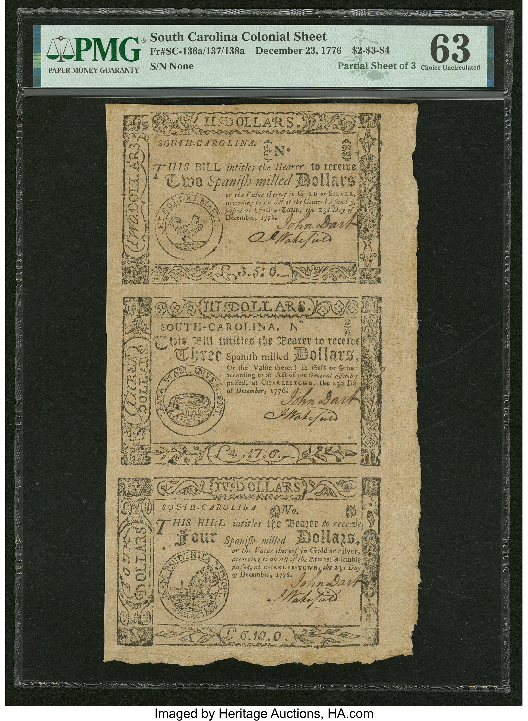 image for: South Carolina December 23, 1776 $2-$3-$4 Partial Sheet of Three PMG Choice Uncirculated 63....