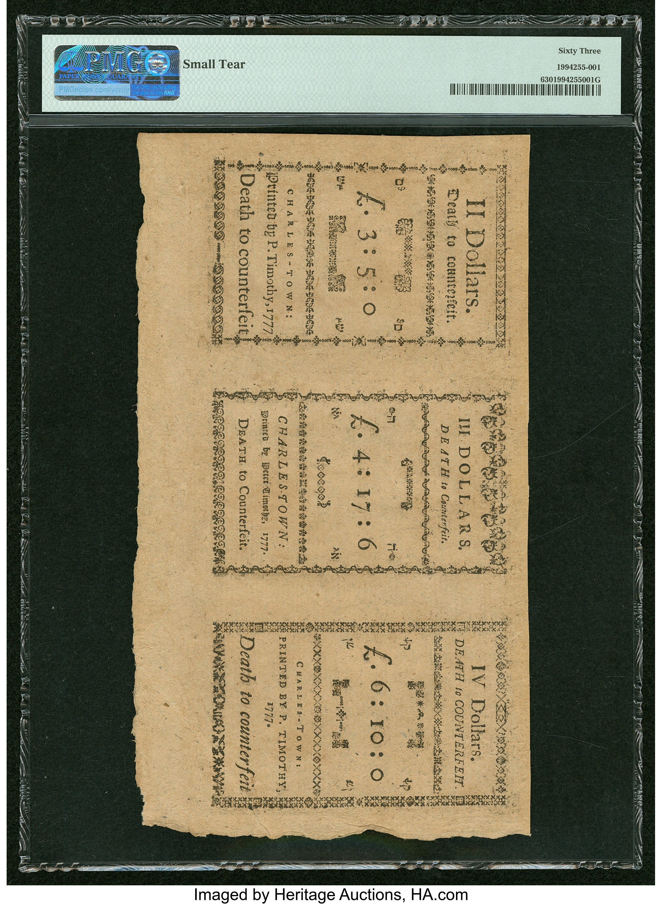 image for: South Carolina December 23, 1776 $2-$3-$4 Partial Sheet of Three PMG Choice Uncirculated 63....