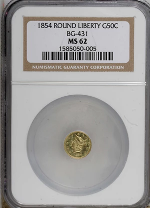 image for: 1854 50C Liberty Round 50 Cents, BG-431, Low R.5, MS62 NGC. NGC Census: (2/0). PCGS Population (12/16). (#10467)...