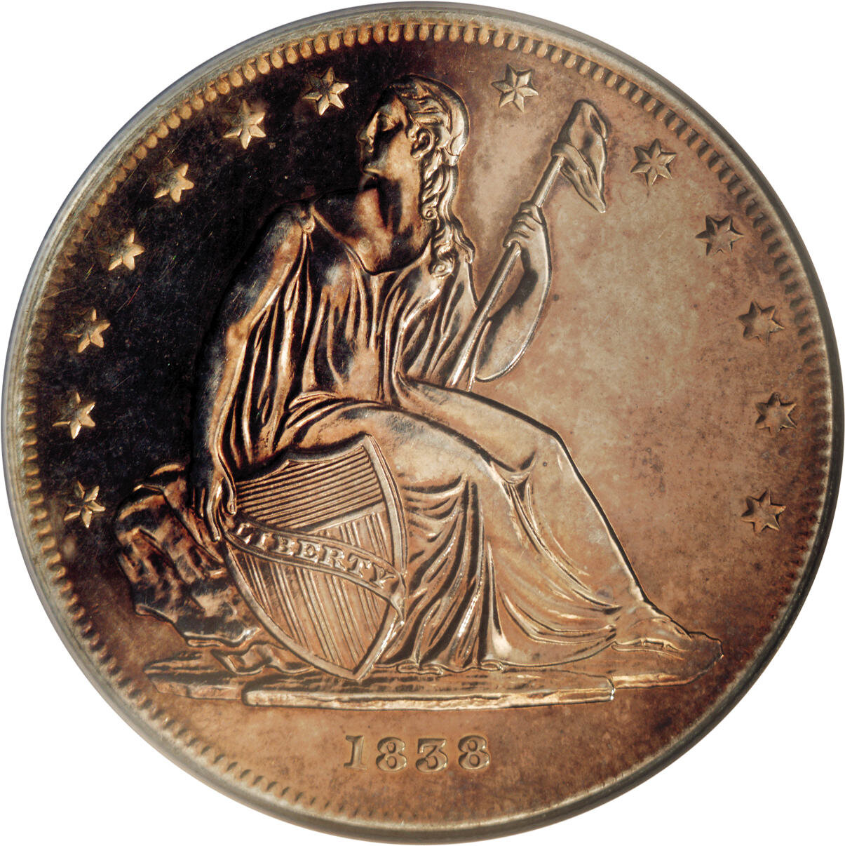 image for: 1838 P$1 Name Omitted, Judd-84 Restrike, Pollock-93, R.5--Polished, Artificially Toned--NCS. Impaired Proof....