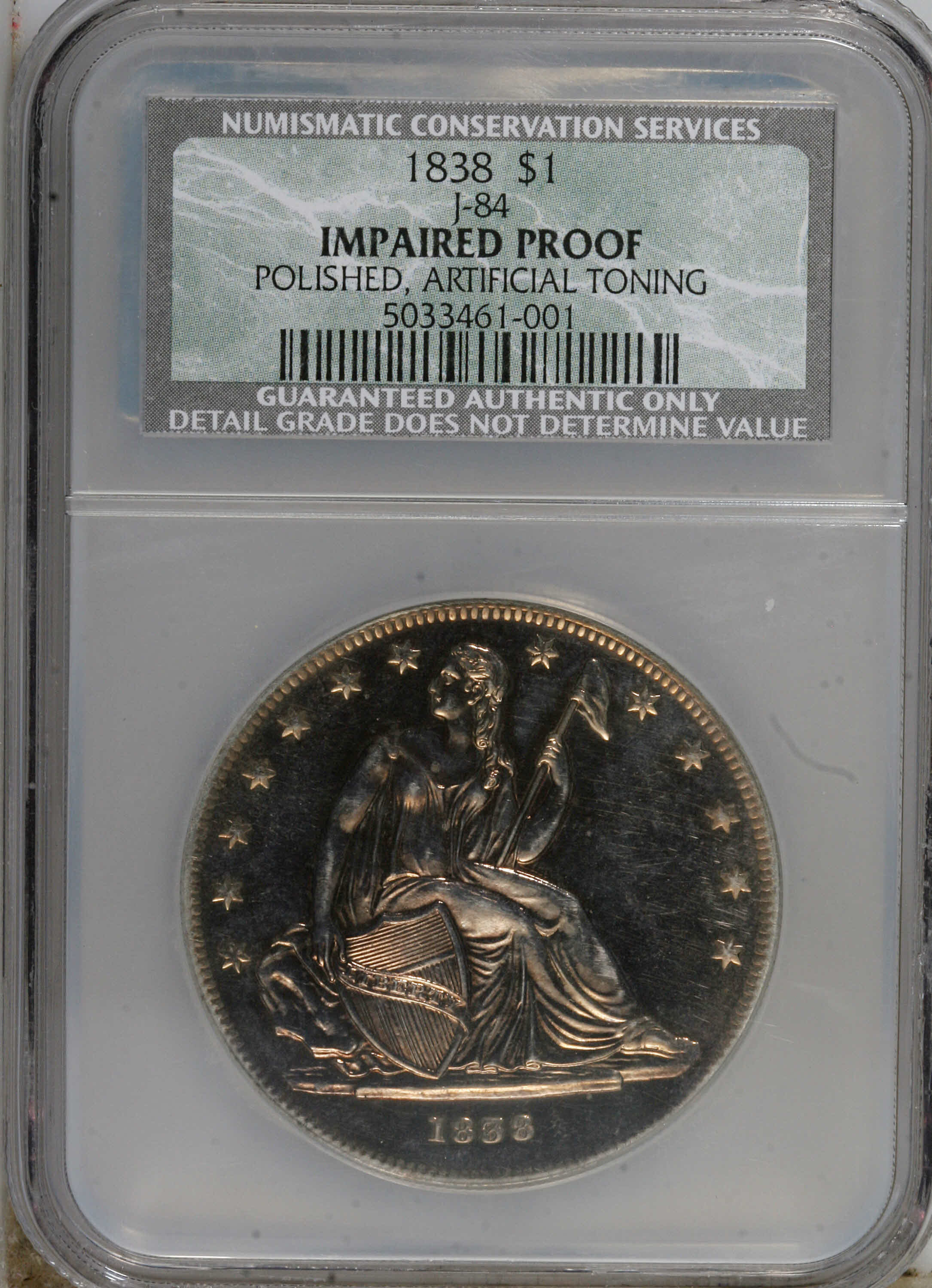 image for: 1838 P$1 Name Omitted, Judd-84 Restrike, Pollock-93, R.5--Polished, Artificially Toned--NCS. Impaired Proof....