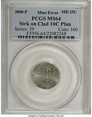 image for: 2000-P 25C Maryland Statehood Quarter--Struck on Clad Dime Planchet--MS64 PCGS....