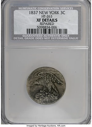 image for: 1837 Feuchtwanger Three Cents--Repaired--NCS. XF Details....