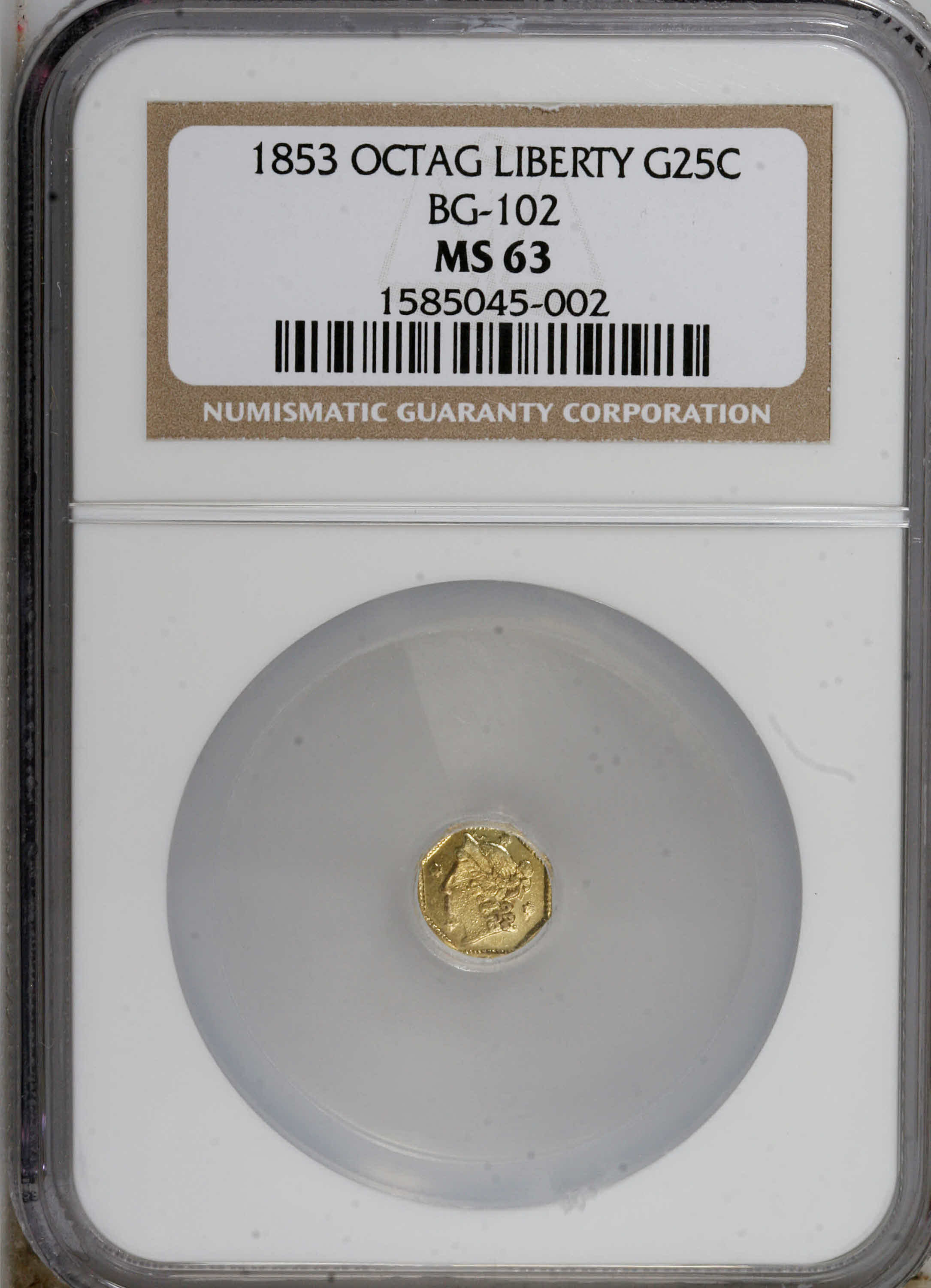 image for: 1853 25C Liberty Octagonal 25 Cents, BG-102, Low R.4, MS63 NGC. NGC Census: (3/4). PCGS Population (37/17).   (#10371)...