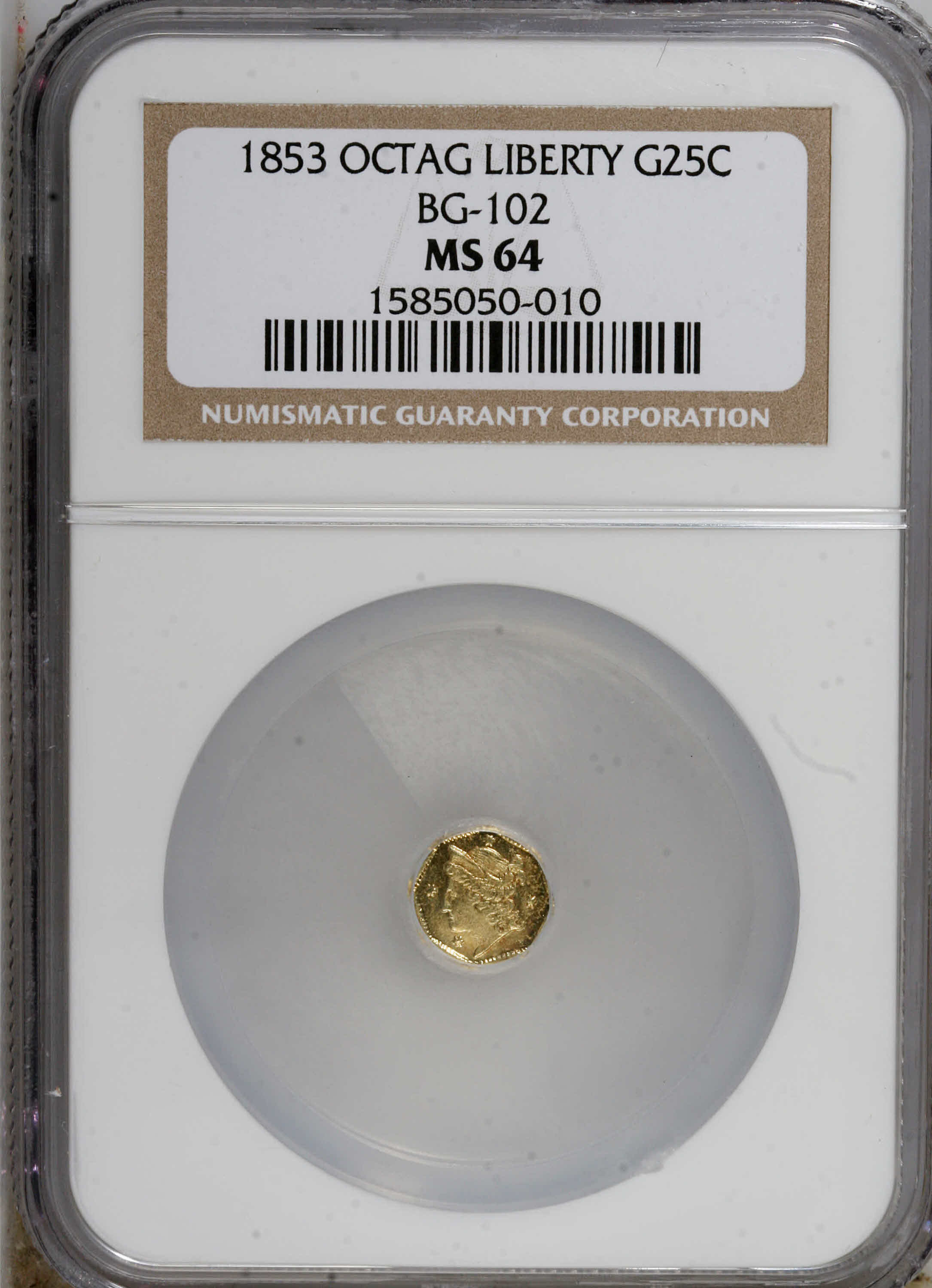 image for: 1853 25C Liberty Octagonal 25 Cents, BG-102, Low R.4, MS64 NGC. NGC Census: (3/1). PCGS Population (16/1).   (#10371)...