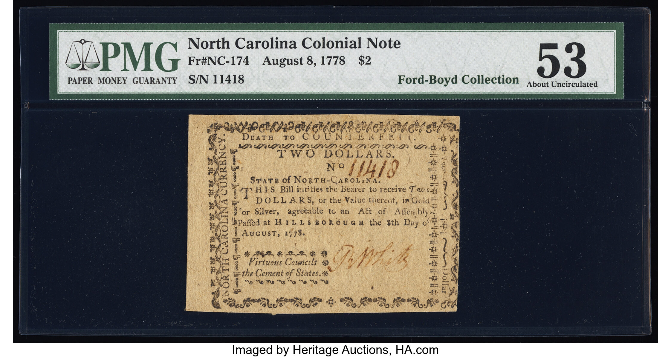 image for: North Carolina August 8, 1778 $2 Virtuous Councils the Cement of States PMG About Uncirculated 53....