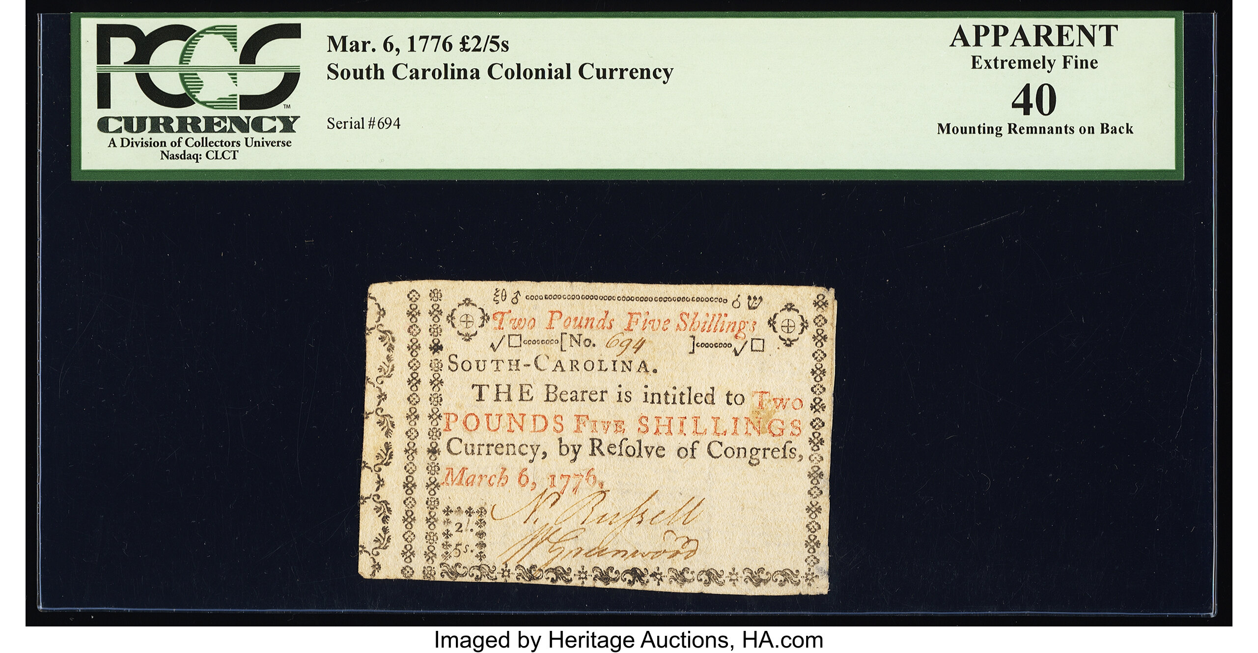 image for: South Carolina March 6, 1776 £2 5s PCGS Apparent Extremely Fine 40....