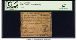image for: South Carolina October 19, 1776 $8 PCGS Very Fine 30....