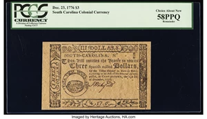 image for: South Carolina December 23, 1776 $3 Remainder PCGS Choice About New 58PPQ....