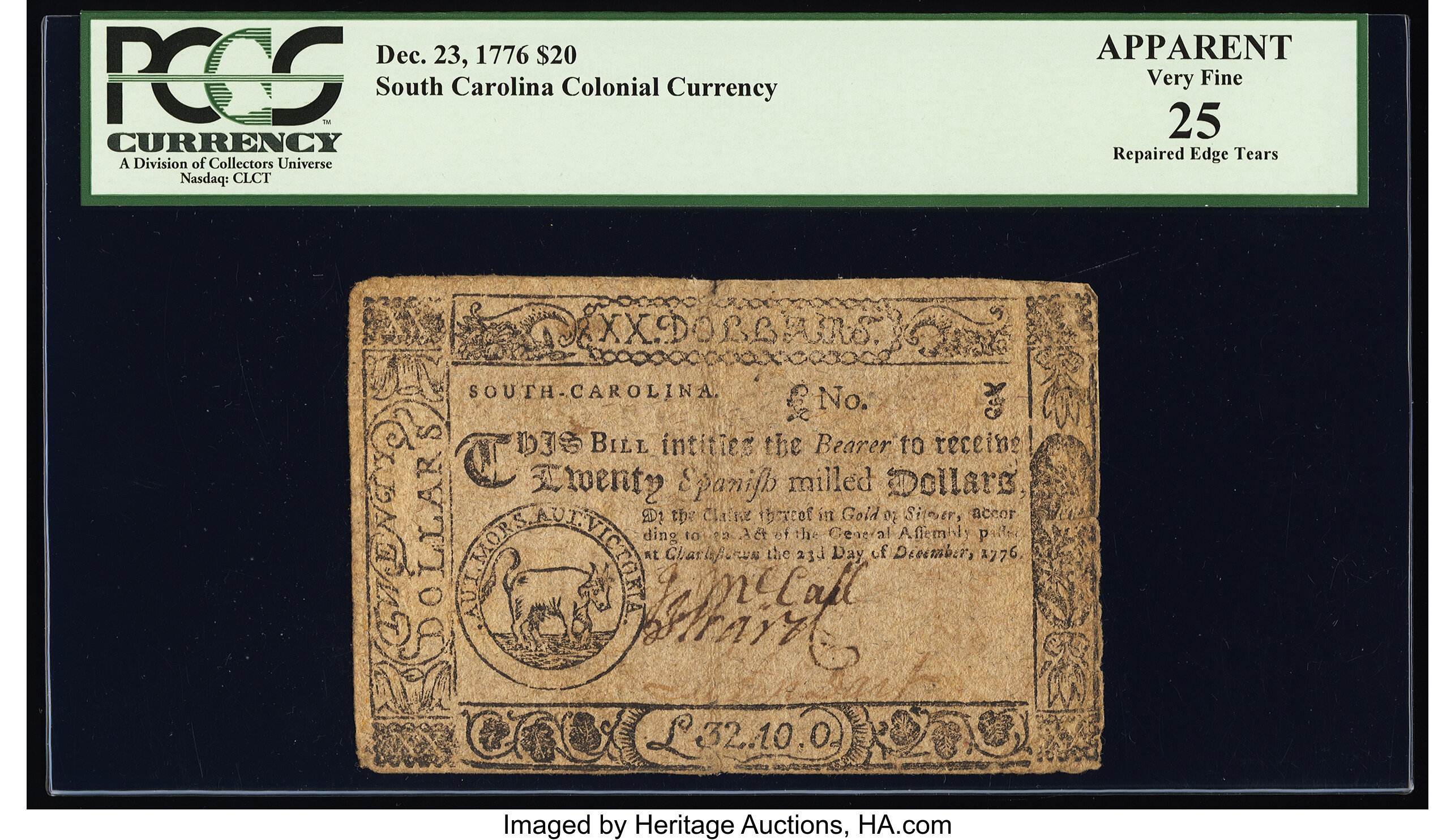 image for: South Carolina December 23, 1776 $20 PCGS Apparent Very Fine 25....