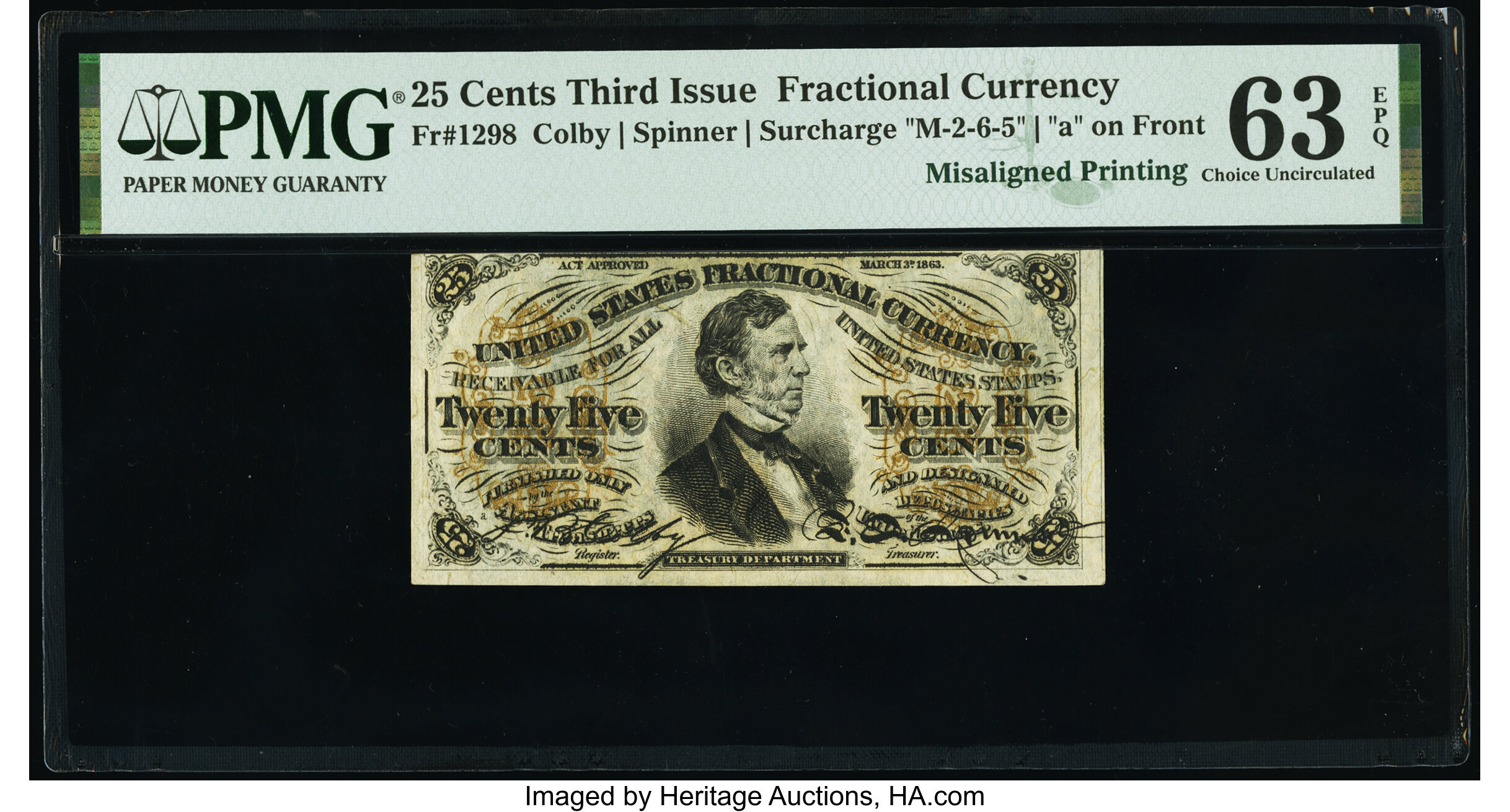 image for: Misaligned Back Printing Error Fr. 1298 25¢ Third Issue PMG Choice Uncirculated 63 EPQ....
