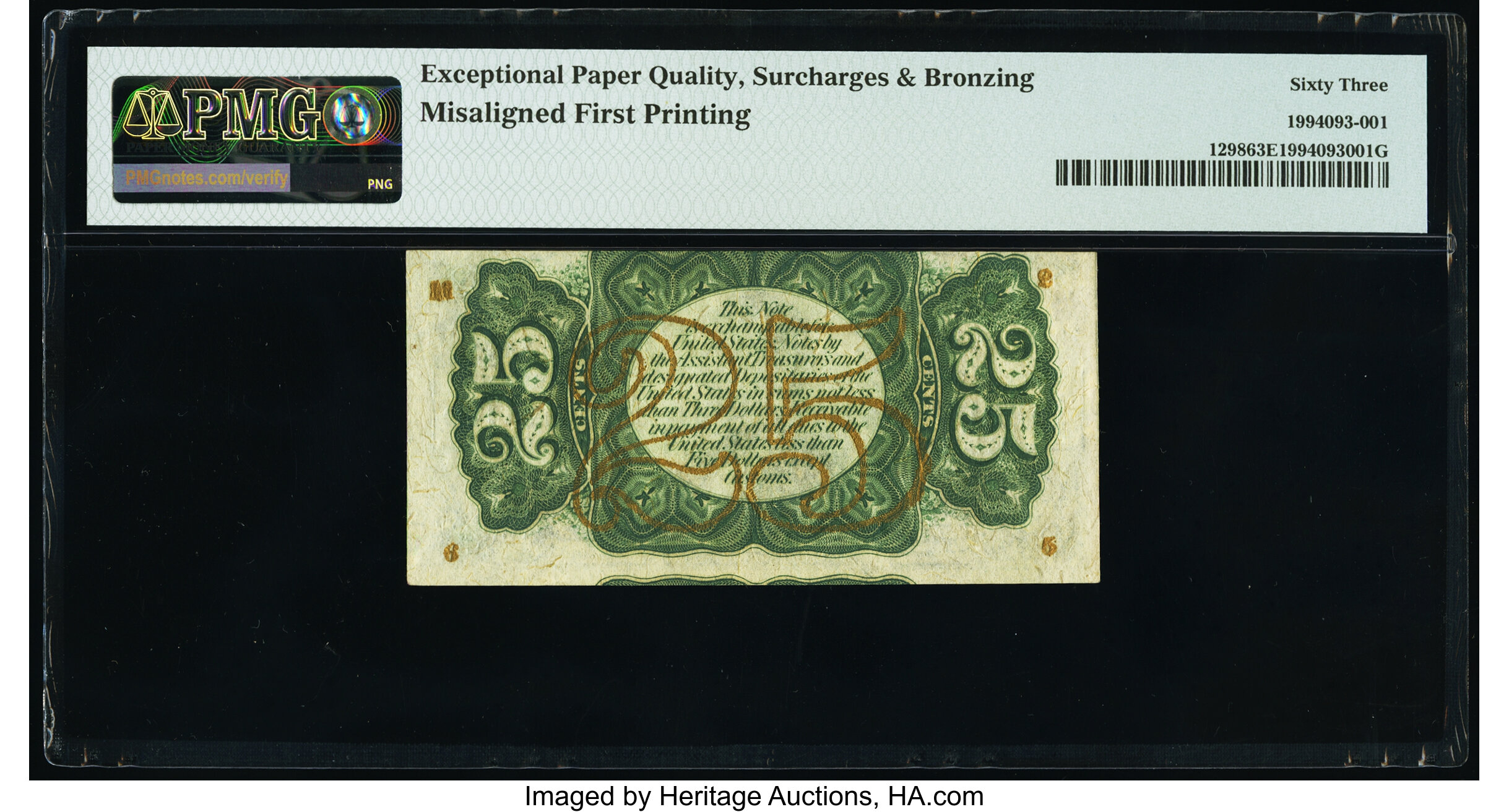 image for: Misaligned Back Printing Error Fr. 1298 25¢ Third Issue PMG Choice Uncirculated 63 EPQ....