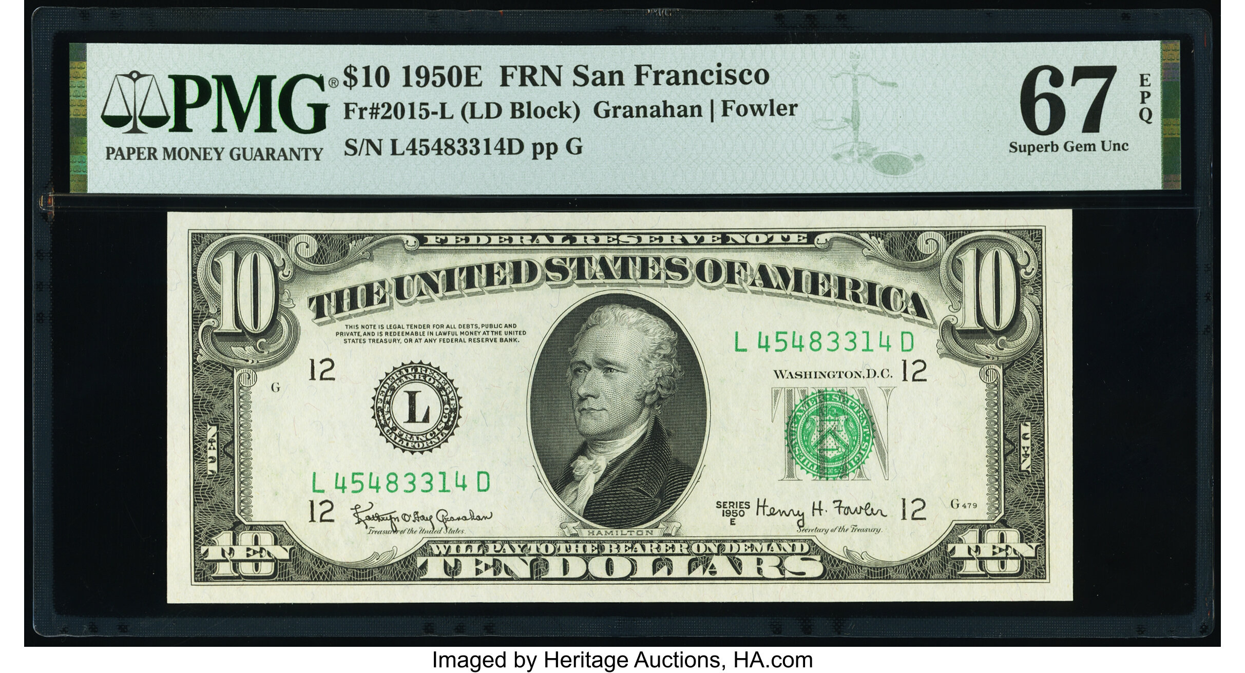image for: Fr. 2015-L $10 1950E Federal Reserve Note. PMG Superb Gem Unc 67 EPQ....
