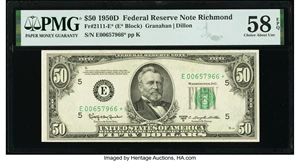 image for: Fr. 2111-E* $50 1950D Federal Reserve Star Note. PMG Choice About Unc 58 EPQ....