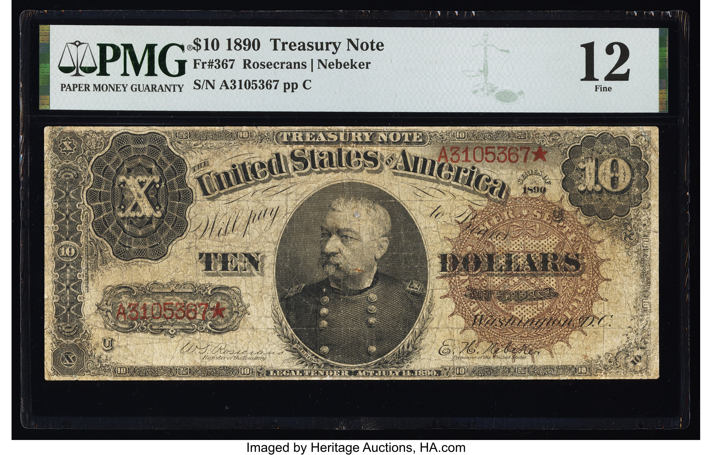 image for: Fr. 367 $10 1890 Treasury Note PMG Fine 12....