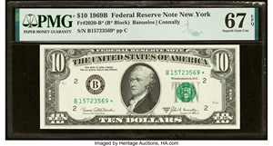 image for: Fr. 2020-B* $10 1969B Federal Reserve Star Note. PMG Superb Gem Unc 67 EPQ....