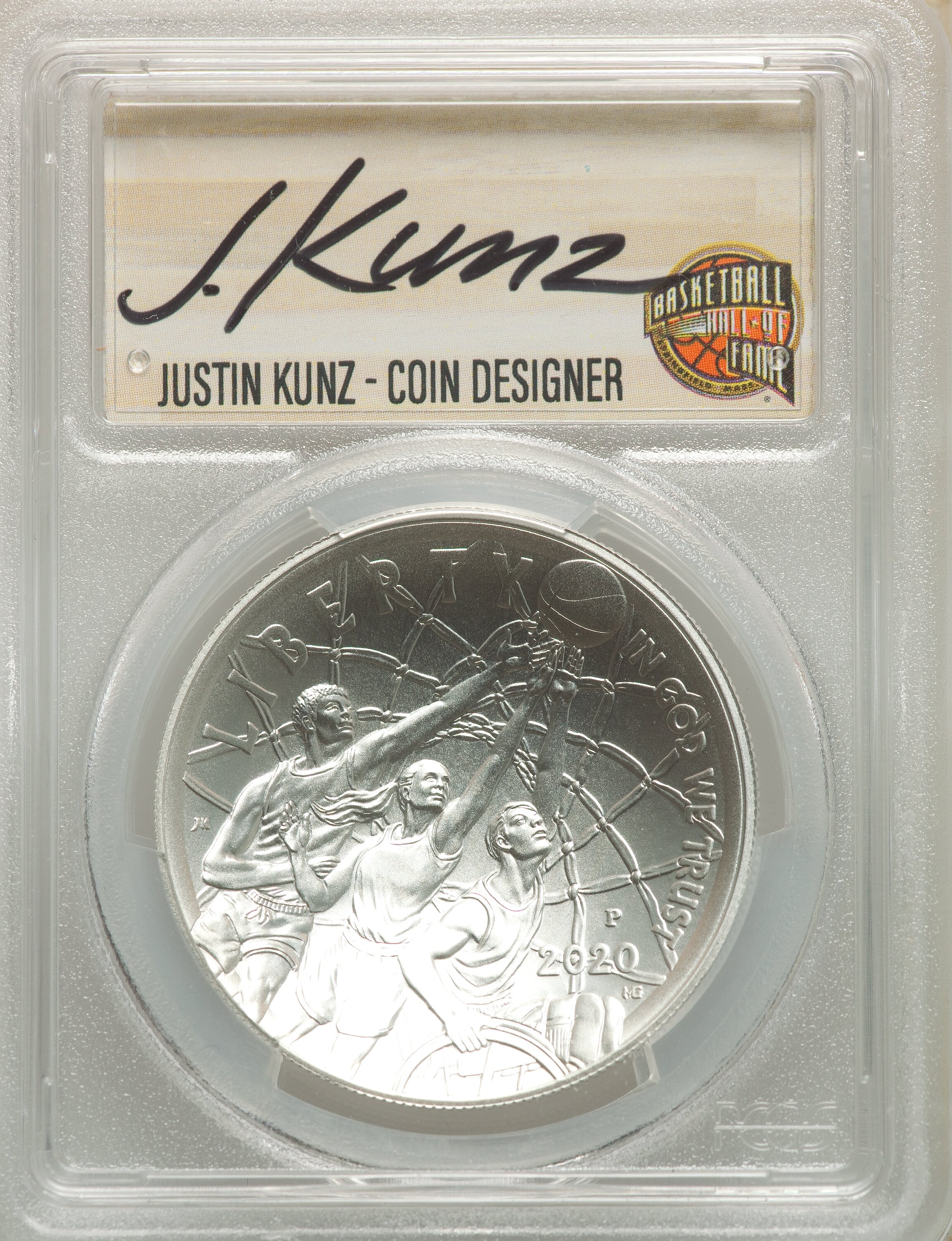 image for: 2020-P $1 Basketball Hall of Fame, First Strike, NMBHOF, Coin Designer Justin Kunz MS70 PCGS. PCGS Population: (200). NGC C...