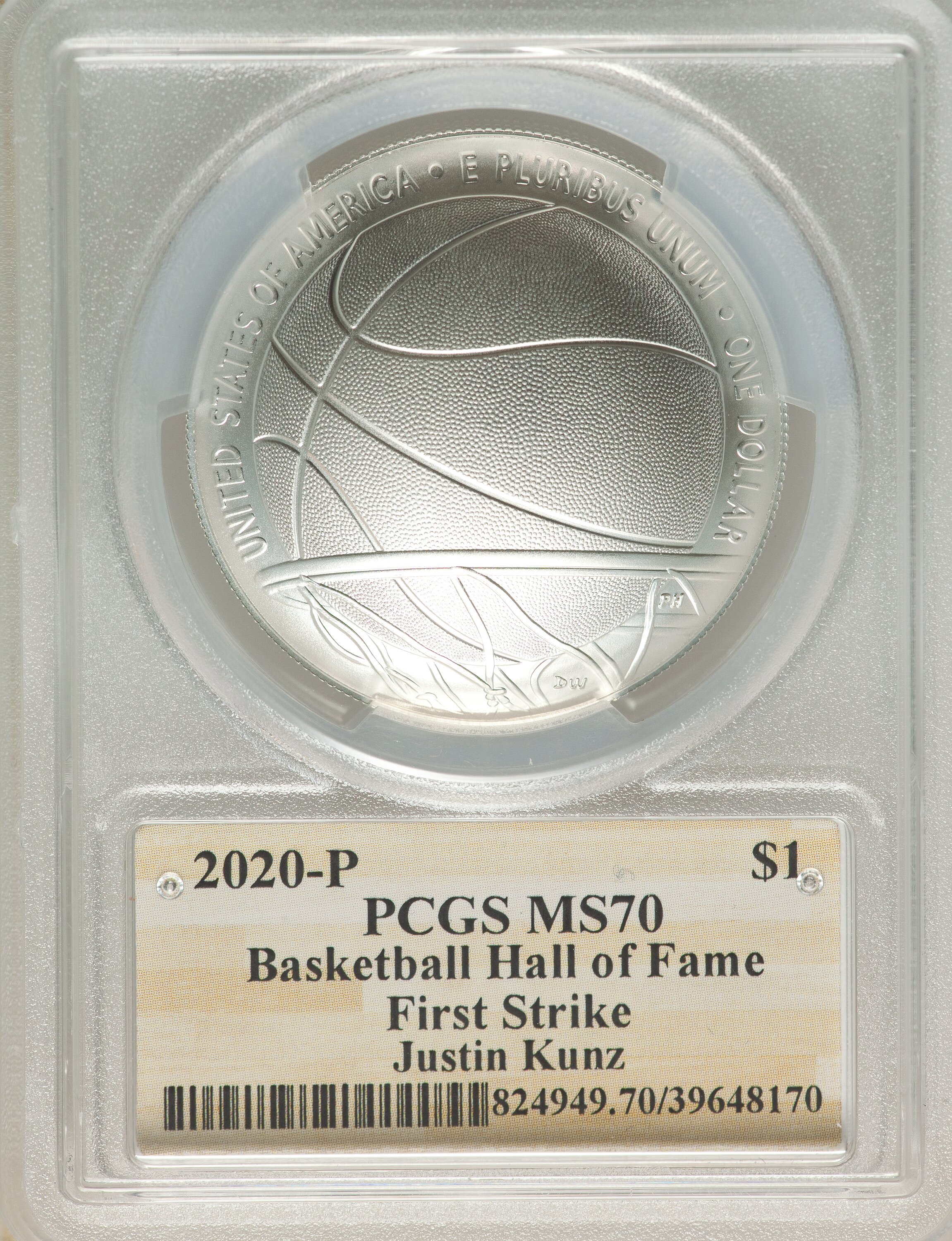 image for: 2020-P $1 Basketball Hall of Fame, First Strike, NMBHOF, Coin Designer Justin Kunz MS70 PCGS. PCGS Population: (200). NGC C...