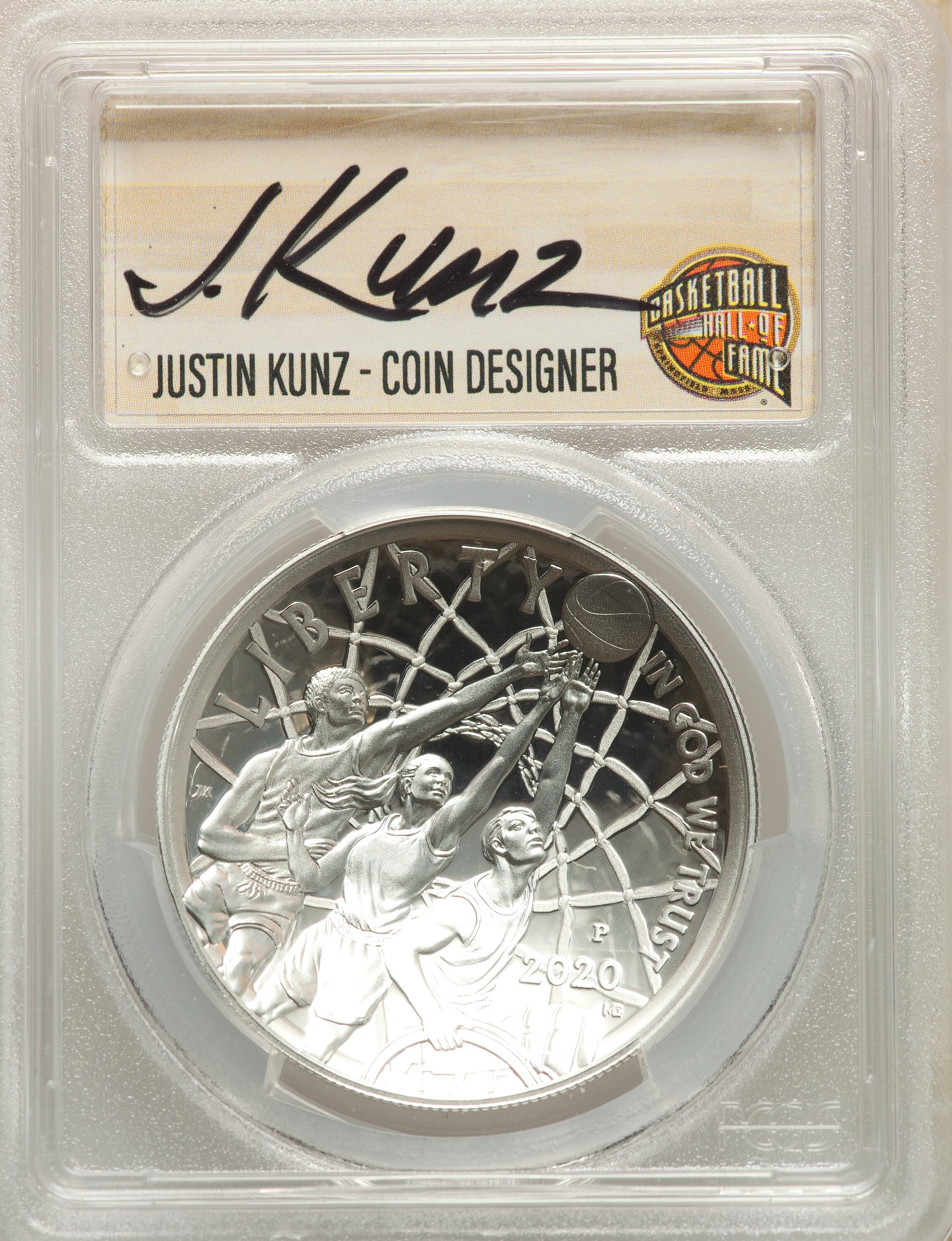 image for: 2020-P $1 Basketball Hall of Fame, First Strike, NMBHOF, Coin Designer Justin Kunz PR70 Deep Cameo PCGS. PCGS Population: (...