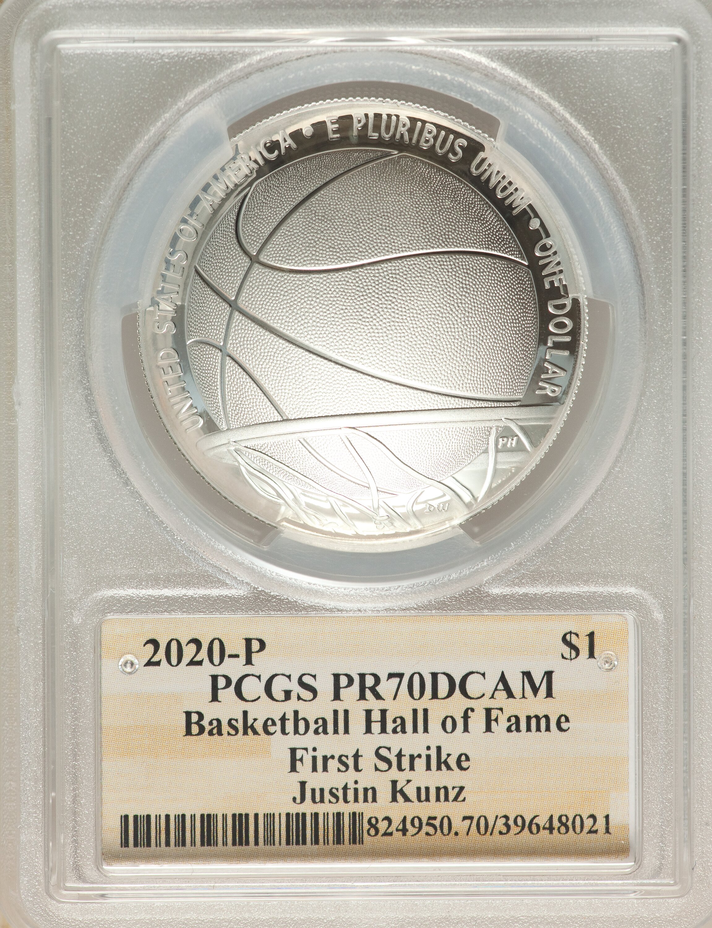 image for: 2020-P $1 Basketball Hall of Fame, First Strike, NMBHOF, Coin Designer Justin Kunz PR70 Deep Cameo PCGS. PCGS Population: (...