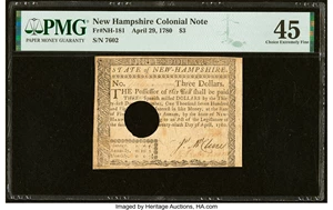 image for: New Hampshire April 29, 1780 $3 PMG Choice Extremely Fine 45....