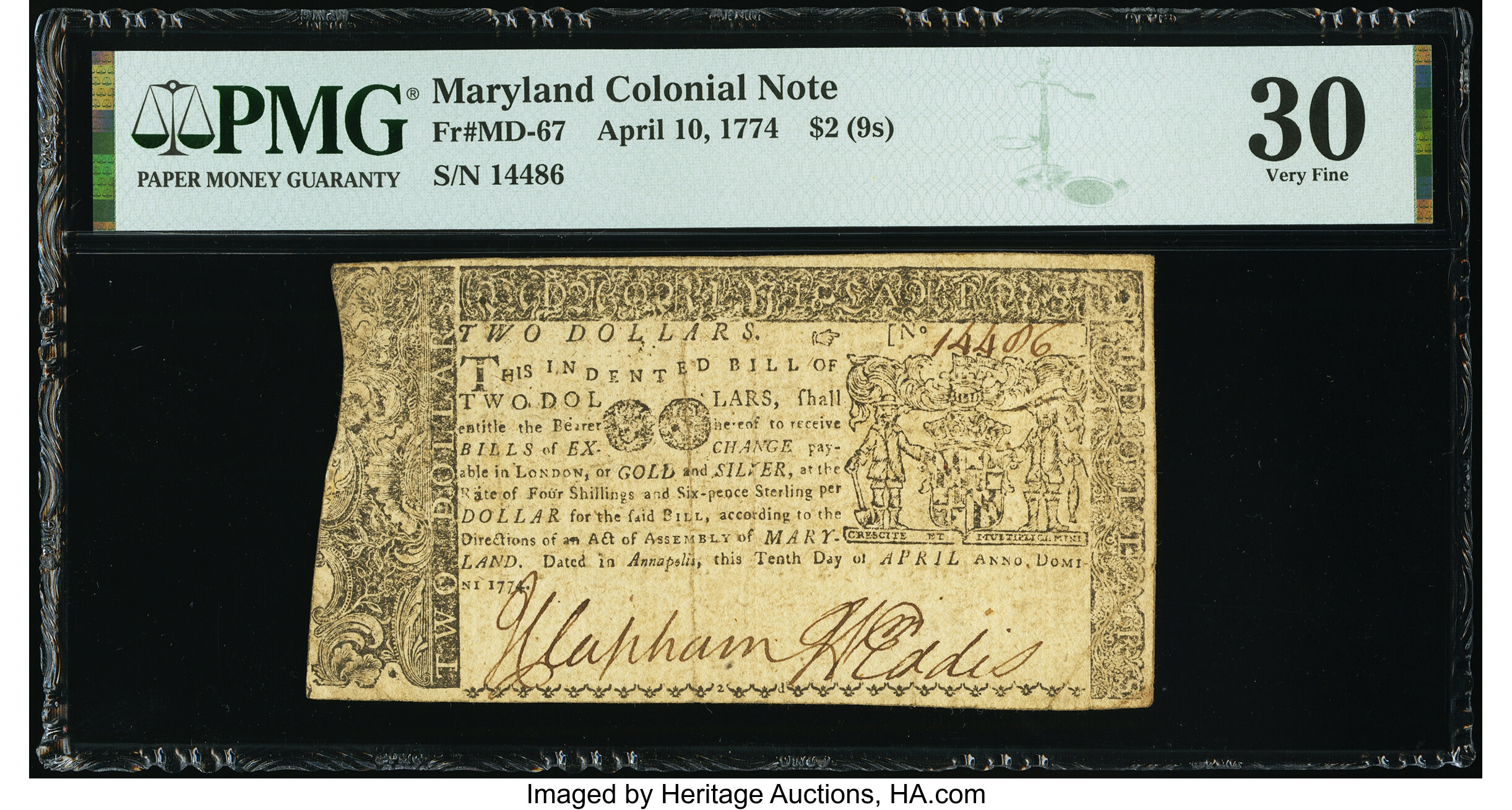 image for: Maryland April 10, 1774 $2 PMG Very Fine 30....