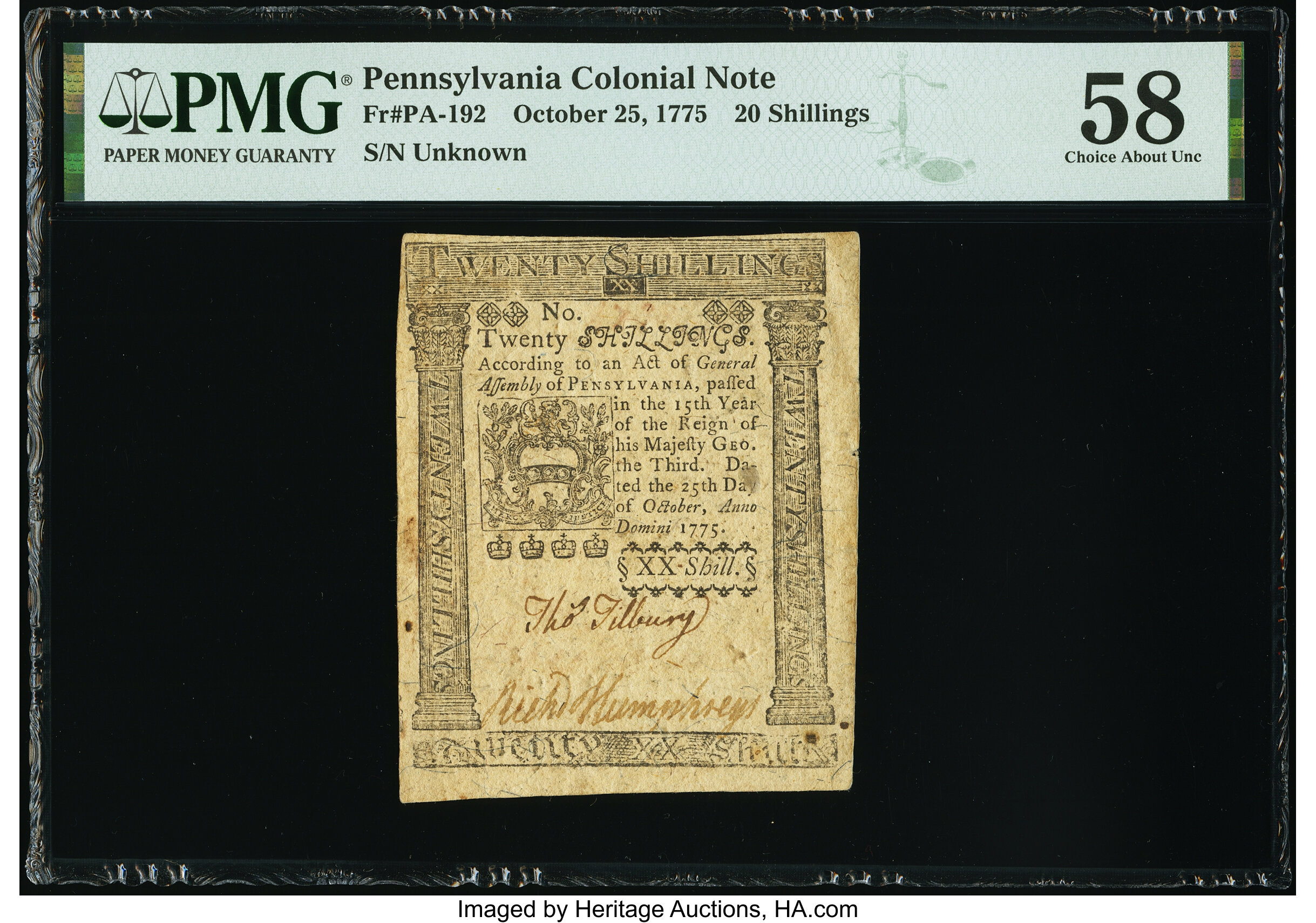 image for: Pennsylvania October 25, 1775 20s PMG Choice About Unc 58....