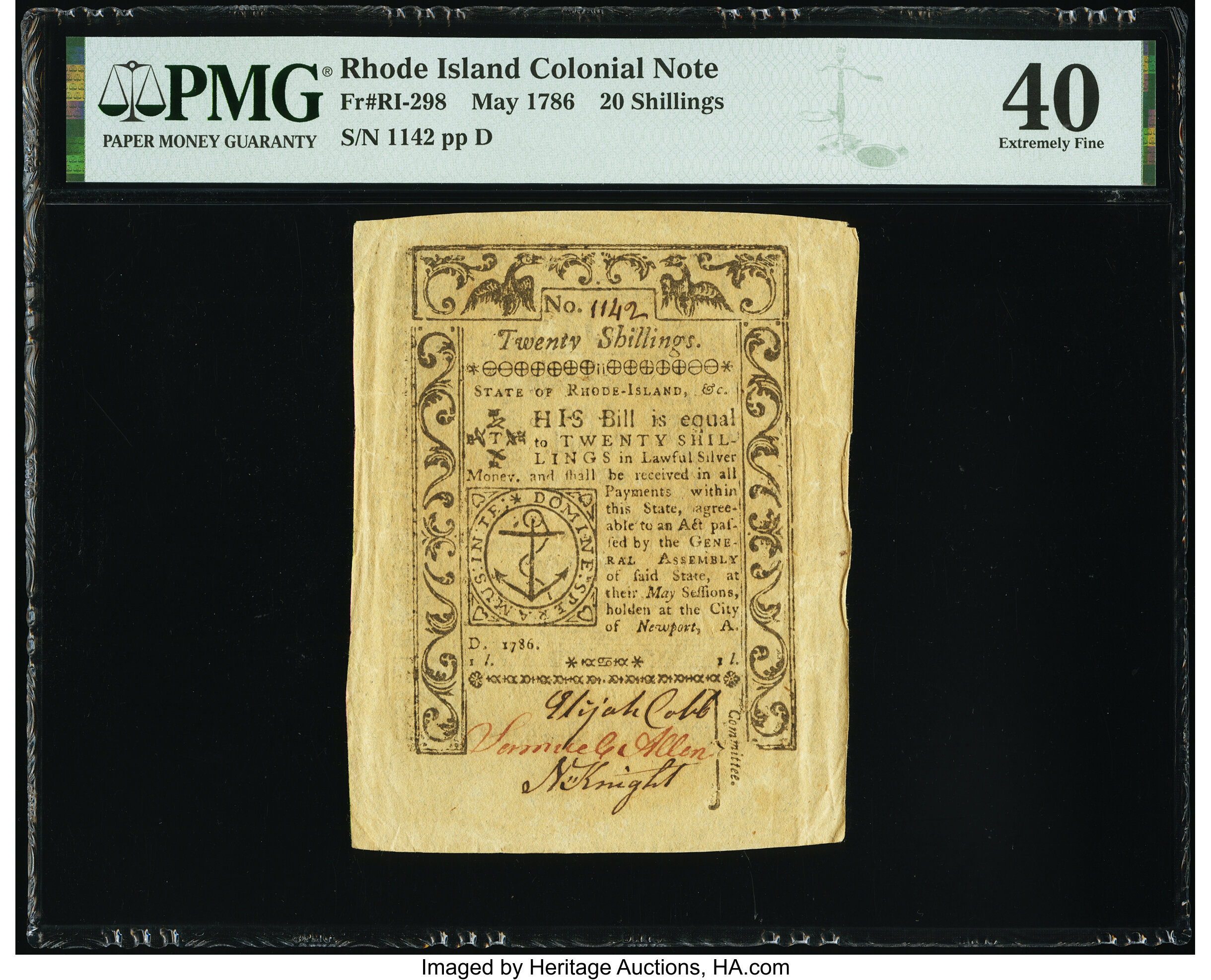 image for: Rhode Island May 1786 20s PMG Extremely Fine 40....