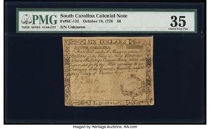 image for: South Carolina October 19, 1776 $6 PMG Choice Very Fine 35....