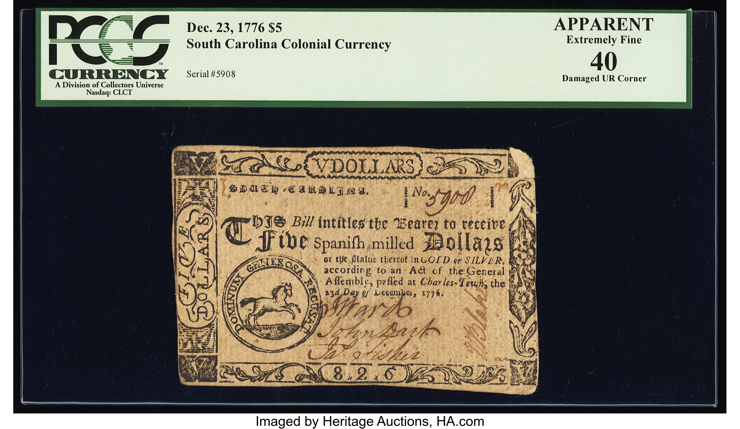 image for: South Carolina December 23, 1776 $5 PCGS Apparent Extremely Fine 40....