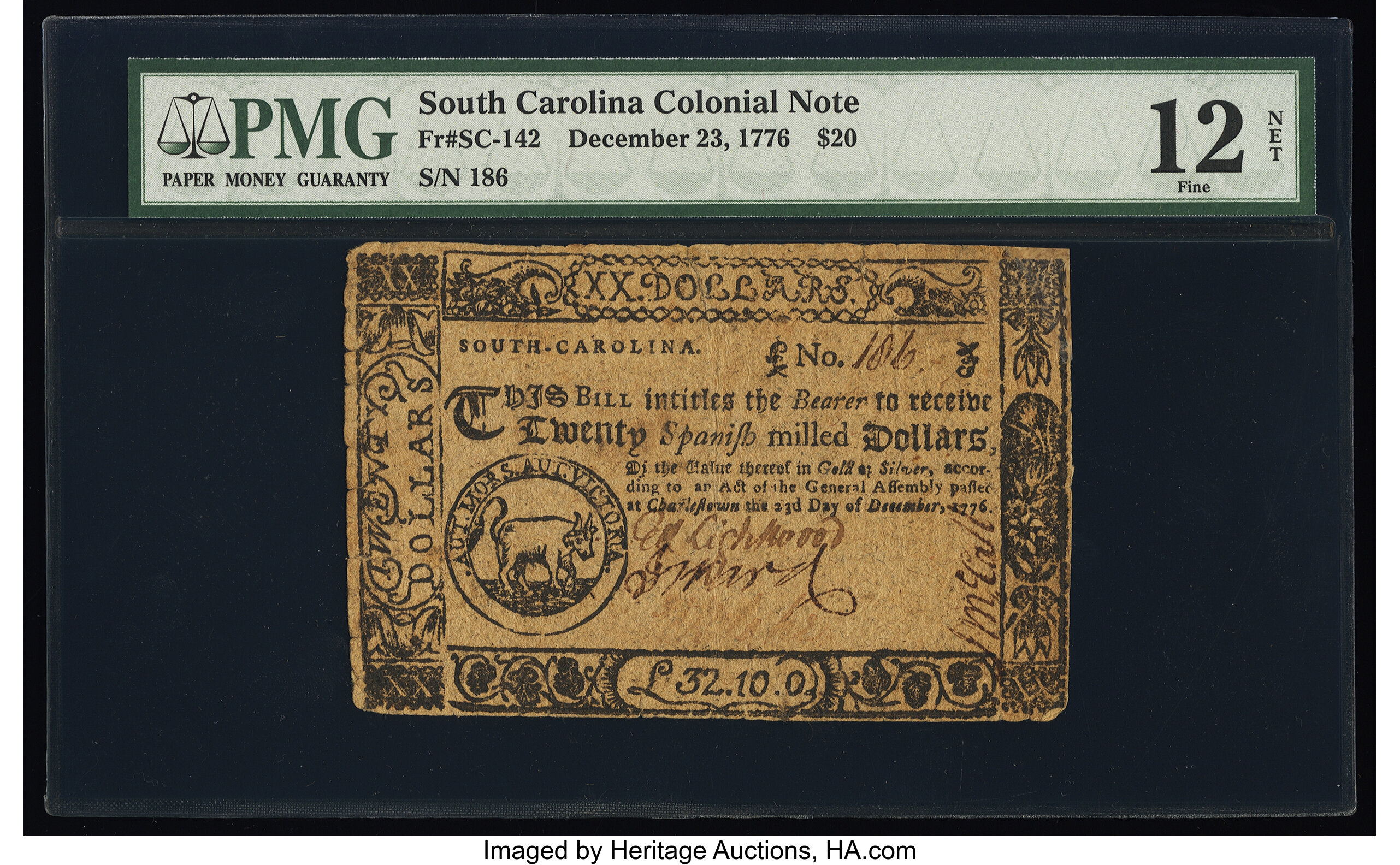 image for: South Carolina December 23, 1776 $20 PMG Fine 12 Net....
