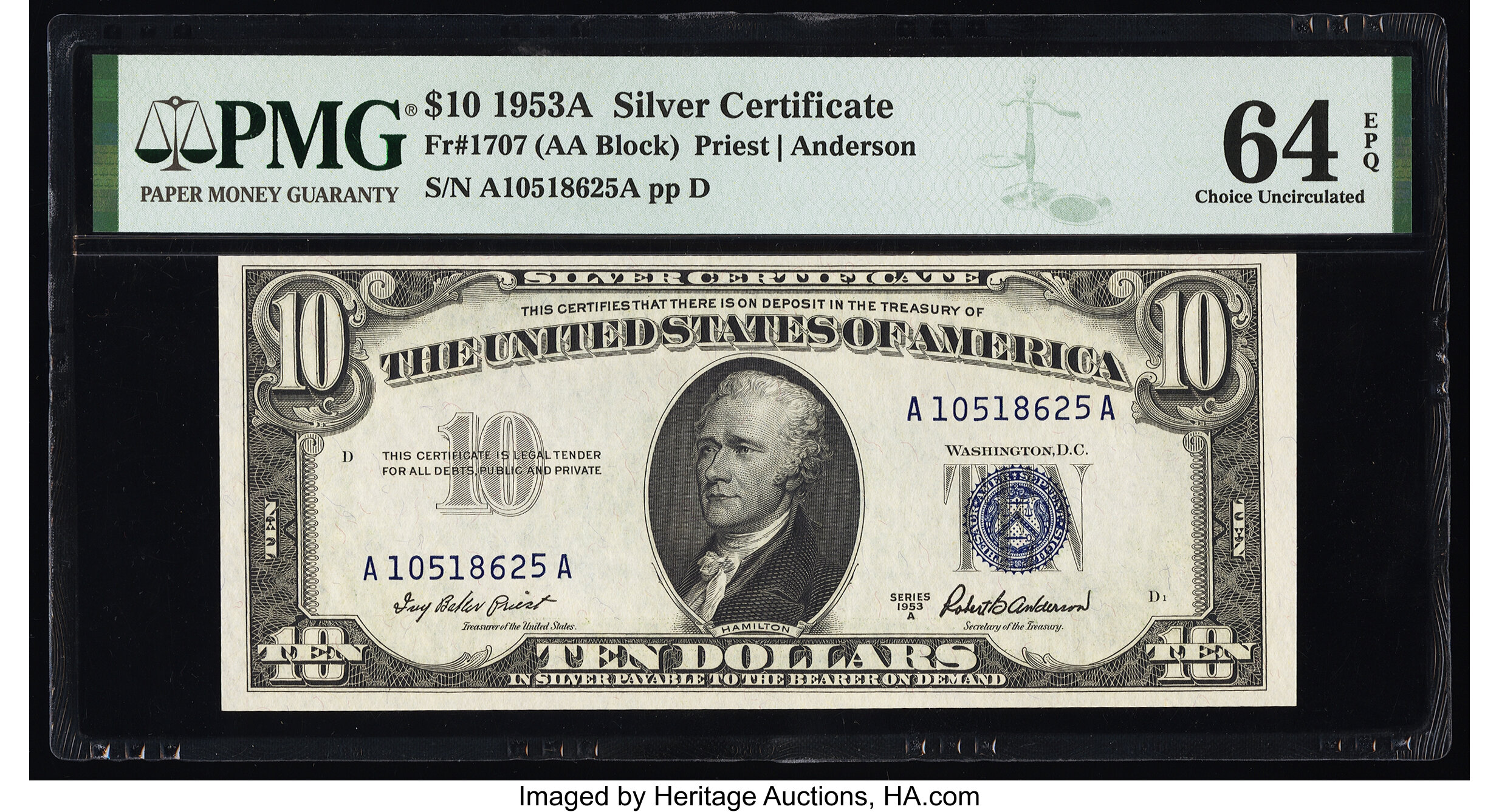 image for: Fr. 1707 $10 1953A Silver Certificate. PMG Choice Uncirculated 64 EPQ....