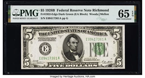 image for: Fr. 1952-E $5 1928B Dark Green Seal Federal Reserve Note. PMG Gem Uncirculated 65 EPQ....